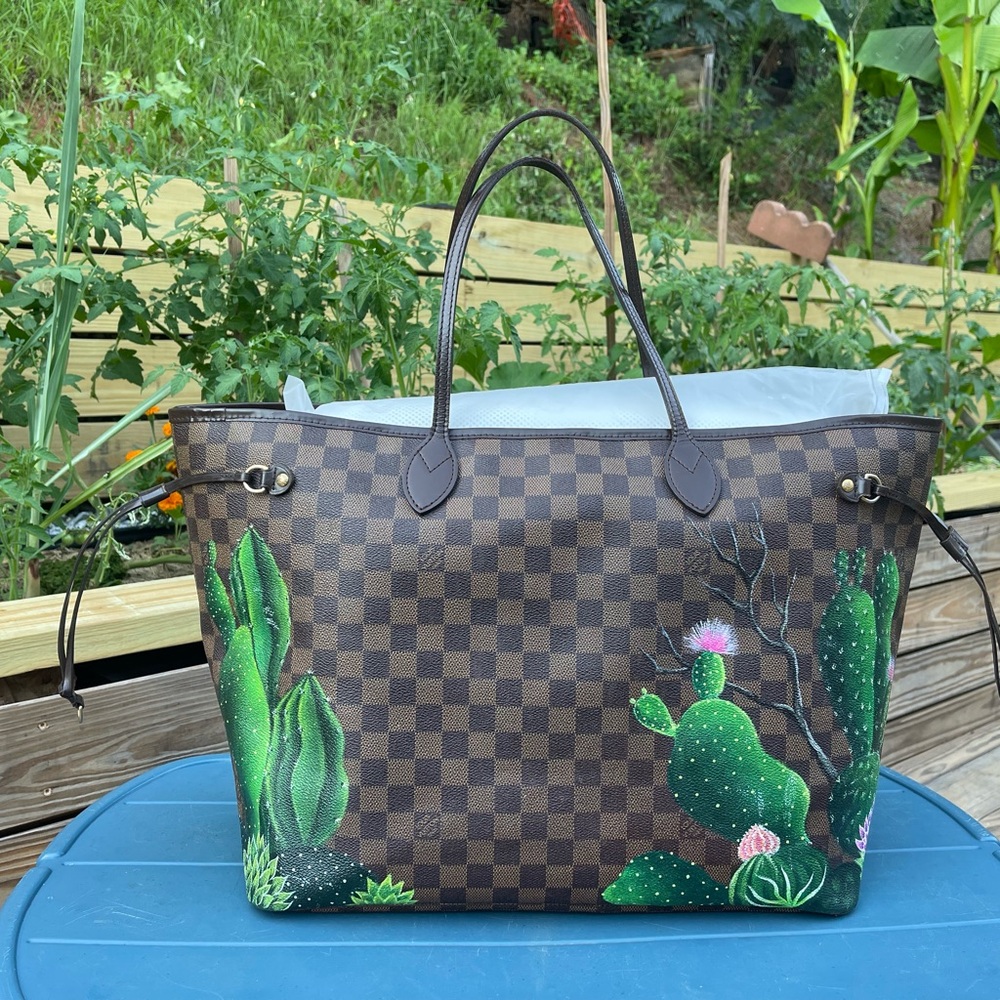 LV GM Neverfull Damier Ebene Tote Bag with hand painted Cactus Design